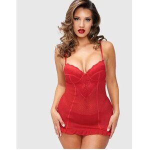 🏷️NWT: FREDERICKS OF HOLLYWOOD Adele Lace And Mesh Underwire Chemise Red -M
